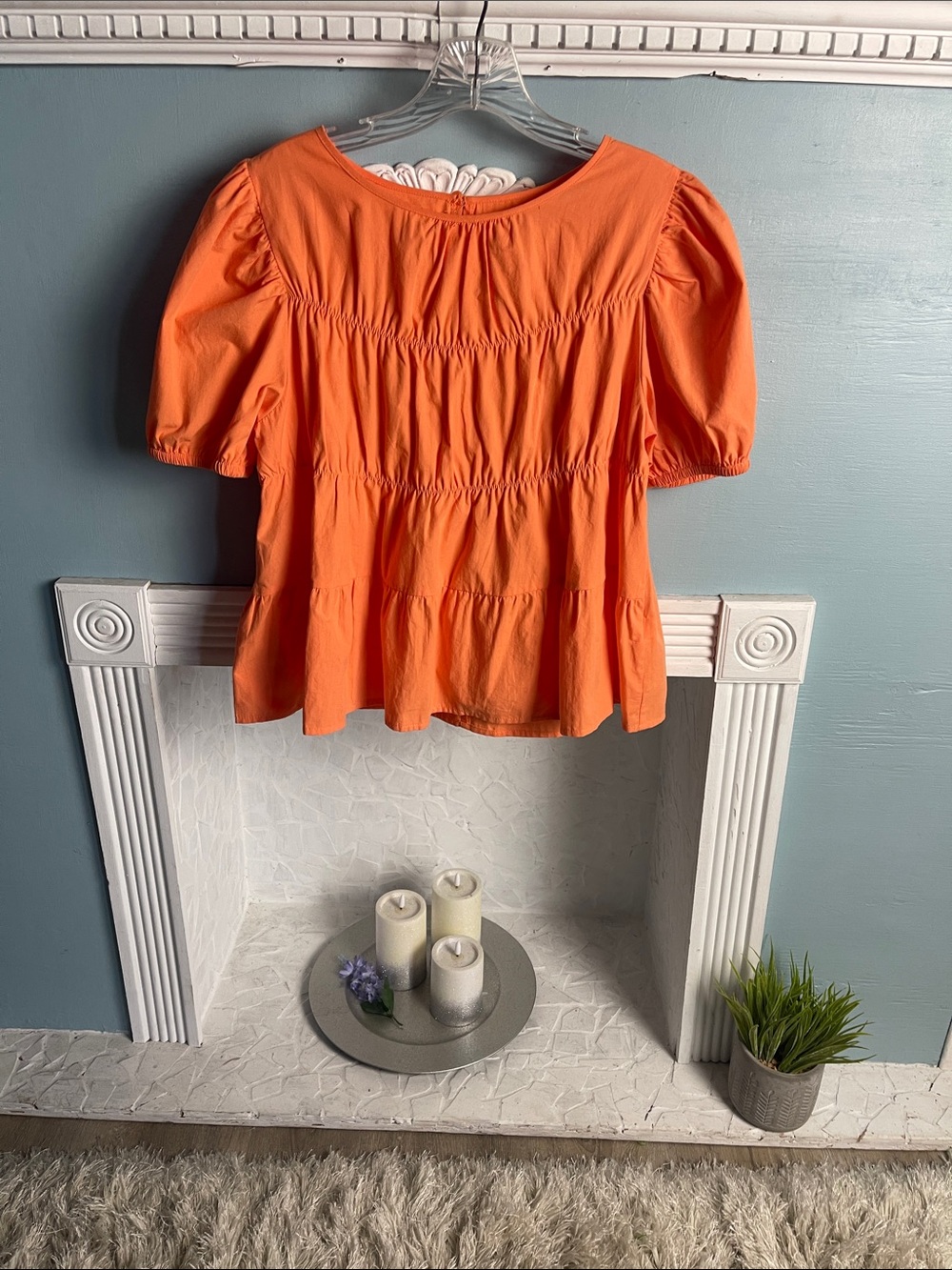 Women's Dreamsicle Orange Puff Sleeve Tiered Babydoll Peasant Top